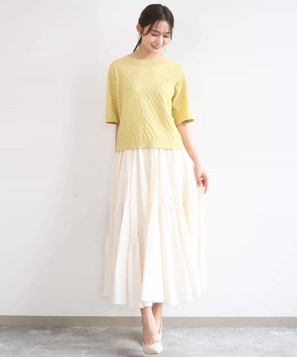 F1FGD41130 MK MICHEL KLEIN(小さいサイズ)(メゾン ドゥ サンク) 【小さいサイズ】ブロック調クロップド丈ニット/UVカット/洗える ブルー