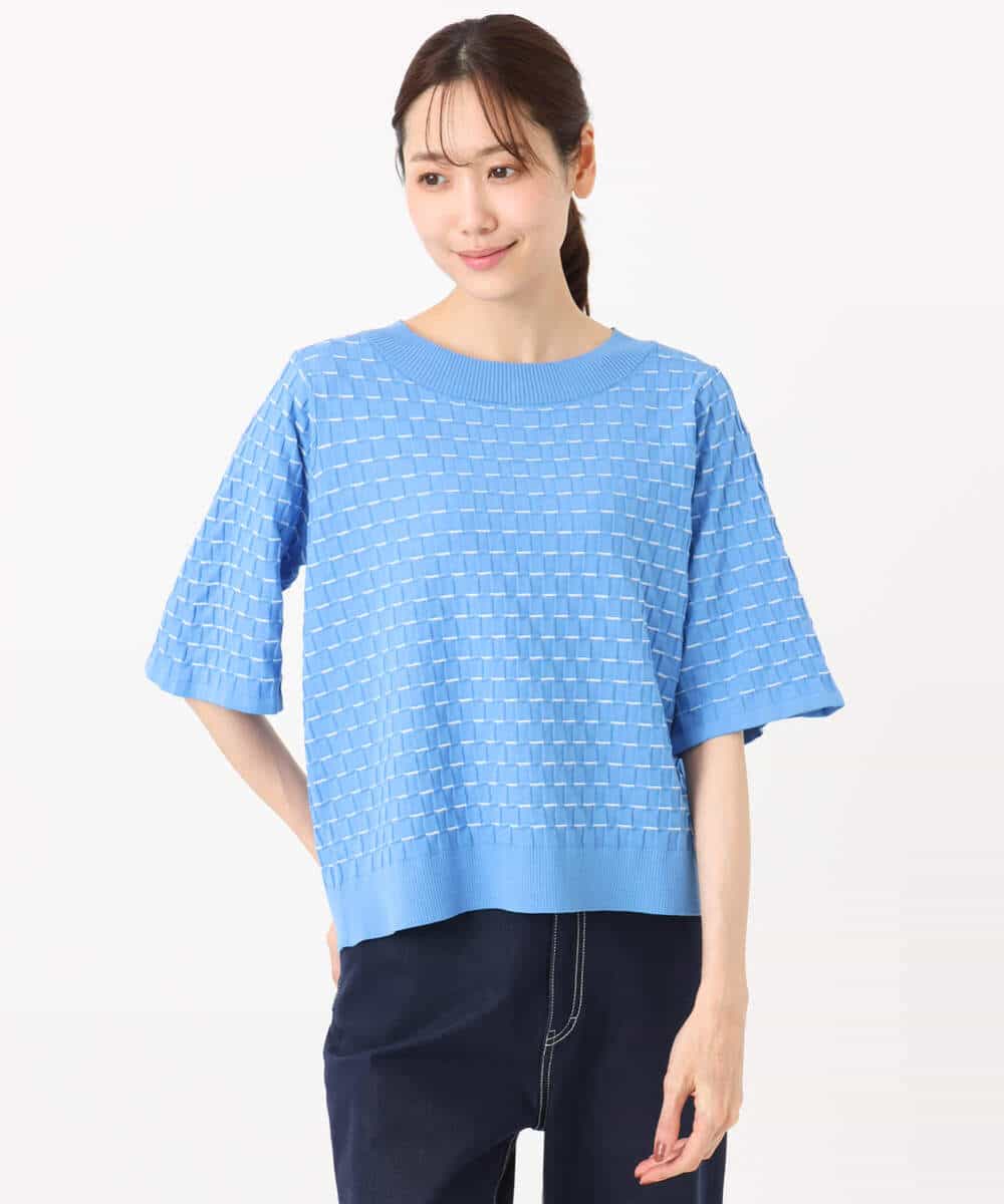 F1FGD41130 MK MICHEL KLEIN(小さいサイズ)(メゾン ドゥ サンク) 【小さいサイズ】ブロック調クロップド丈ニット/UVカット/洗える ブルー