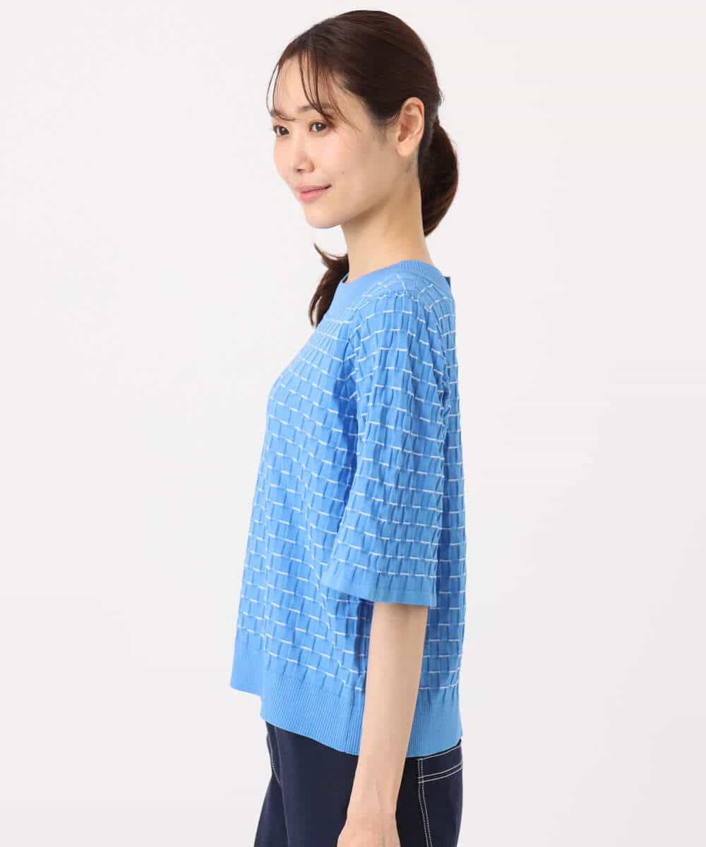 F1FGD41130 MK MICHEL KLEIN(小さいサイズ)(メゾン ドゥ サンク) 【小さいサイズ】ブロック調クロップド丈ニット/UVカット/洗える ブルー