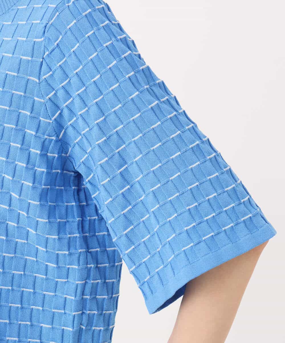 F1FGD41130 MK MICHEL KLEIN(小さいサイズ)(メゾン ドゥ サンク) 【小さいサイズ】ブロック調クロップド丈ニット/UVカット/洗える ブルー