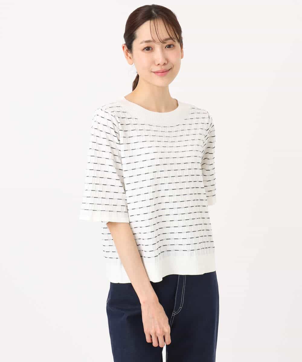 F1FGD41130 MK MICHEL KLEIN(小さいサイズ)(メゾン ドゥ サンク) 【小さいサイズ】ブロック調クロップド丈ニット/UVカット/洗える ブルー