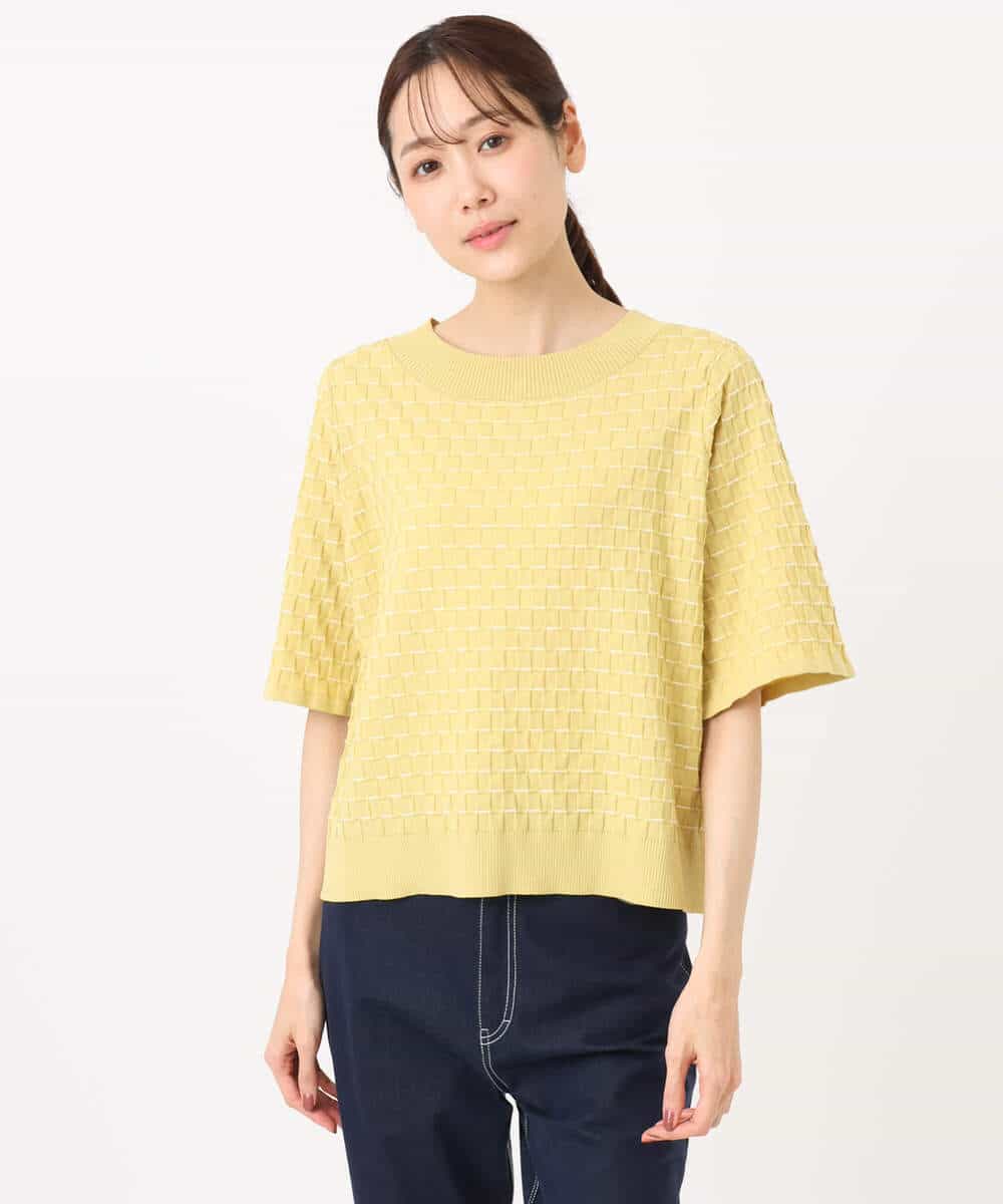 F1FGD41130 MK MICHEL KLEIN(小さいサイズ)(メゾン ドゥ サンク) 【小さいサイズ】ブロック調クロップド丈ニット/UVカット/洗える ブルー