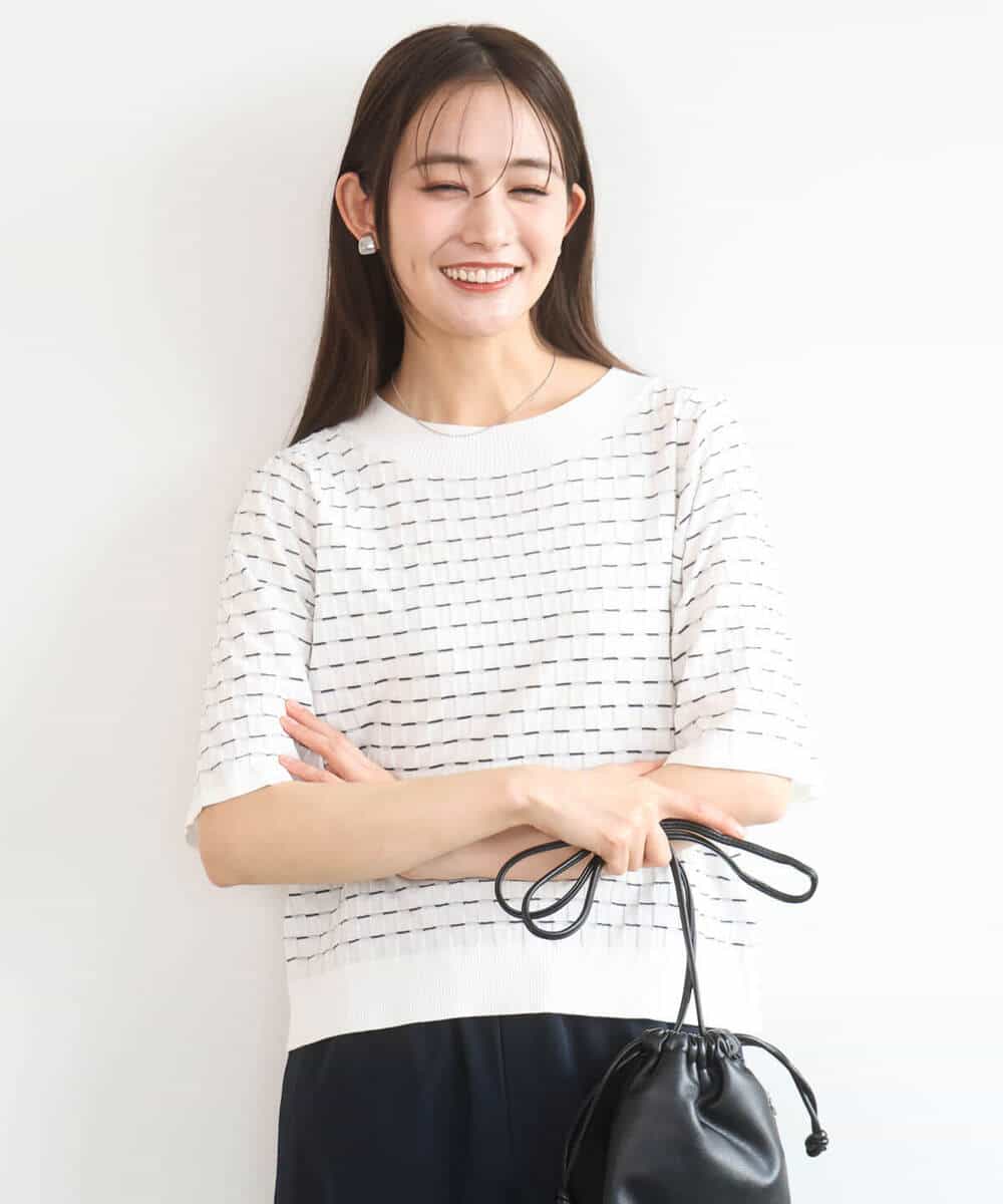 F1FGD41130 MK MICHEL KLEIN(小さいサイズ)(メゾン ドゥ サンク) 【小さいサイズ】ブロック調クロップド丈ニット/UVカット/洗える ホワイト