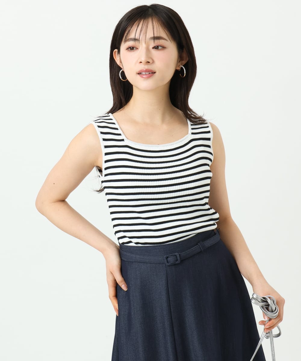 F1FGD44070 MK MICHEL KLEIN(小さいサイズ)(メゾン ドゥ サンク) 【小さいサイズ】スクエアネックリブニットタンクトップ/UVカット/洗える ホワイト（無地）