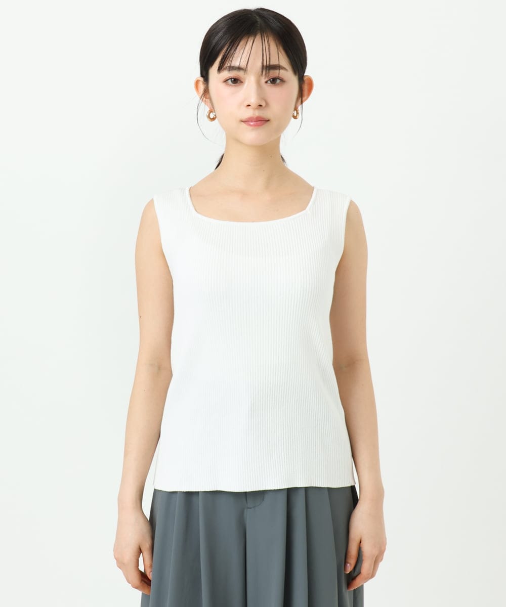 F1FGD44070 MK MICHEL KLEIN(小さいサイズ)(メゾン ドゥ サンク) 【小さいサイズ】スクエアネックリブニットタンクトップ/UVカット/洗える ホワイト（無地）