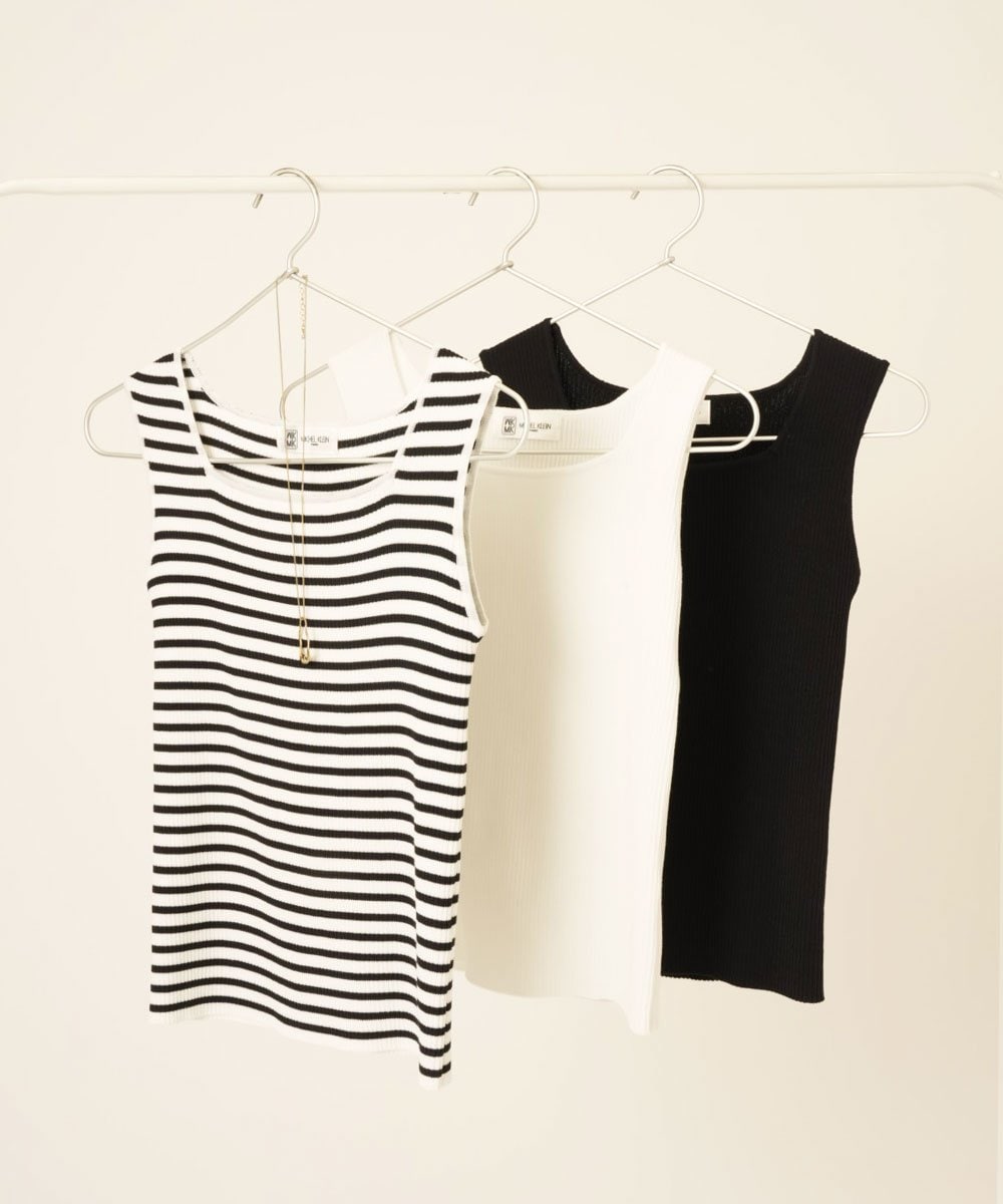 F1FGD44070 MK MICHEL KLEIN(小さいサイズ)(メゾン ドゥ サンク) 【小さいサイズ】スクエアネックリブニットタンクトップ/UVカット/洗える ホワイト（無地）