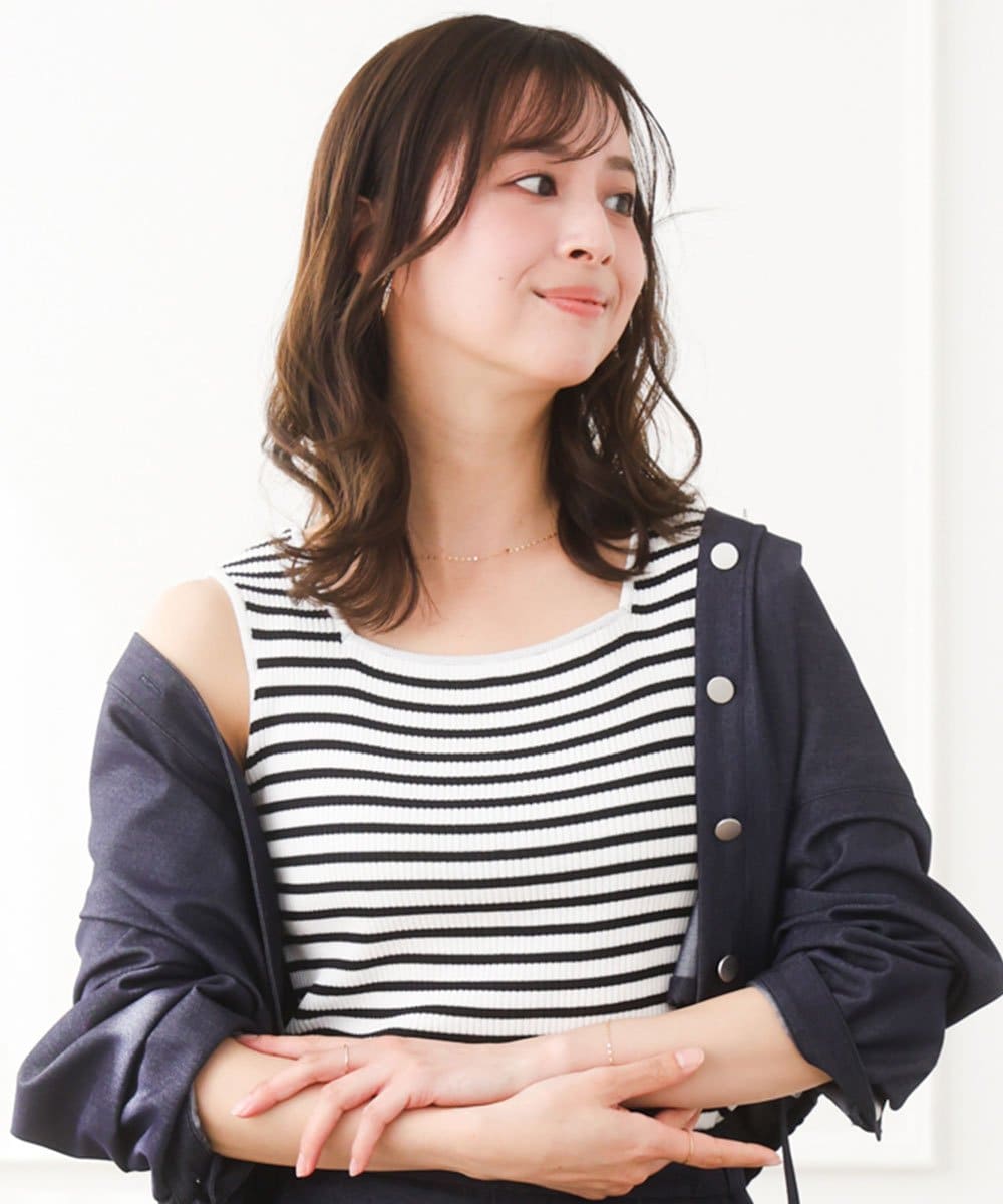 F1FGD44070 MK MICHEL KLEIN(小さいサイズ)(メゾン ドゥ サンク) 【小さいサイズ】スクエアネックリブニットタンクトップ/UVカット/洗える ホワイト×ブラック（ボーダー）