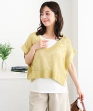 F1FGD50160 MK MICHEL KLEIN(小さいサイズ)(メゾン ドゥ サンク) 【小さいサイズ】[洗濯機で洗える]メッシュ編みニットベスト×タンクトップ ツインセット イエロー