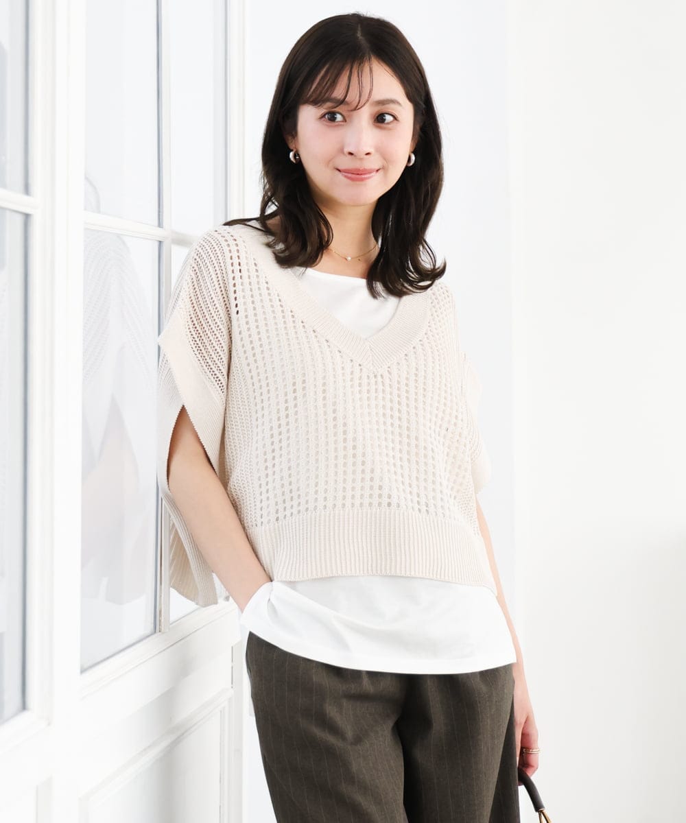 F1FGD50160 MK MICHEL KLEIN(小さいサイズ)(メゾン ドゥ サンク) 【小さいサイズ】[洗濯機で洗える]メッシュ編みニットベスト×タンクトップ ツインセット イエロー