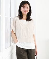 F1FGD50160 MK MICHEL KLEIN(小さいサイズ)(メゾン ドゥ サンク) 【小さいサイズ】[洗濯機で洗える]メッシュ編みニットベスト×タンクトップ ツインセット イエロー