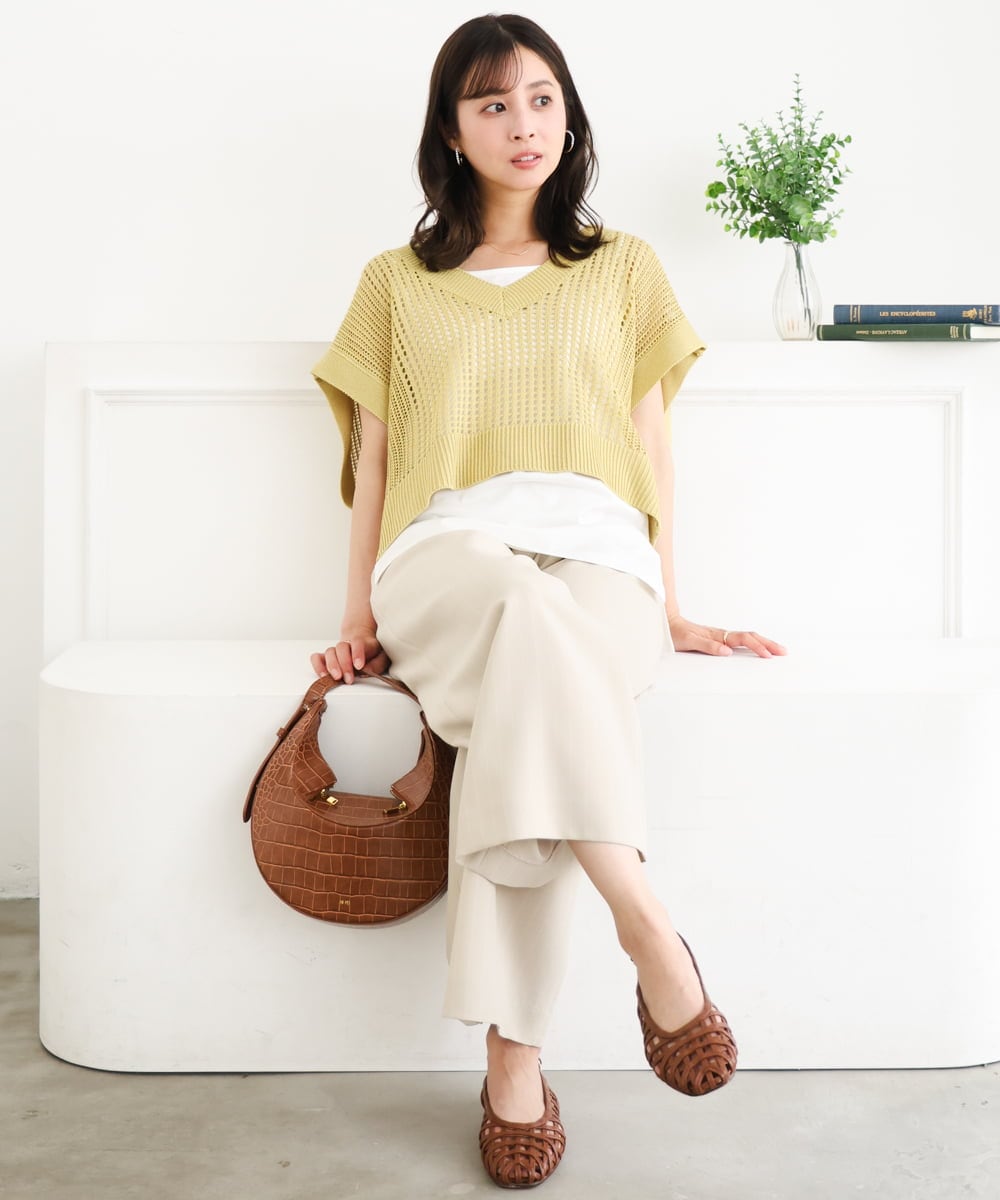 F1FGD50160 MK MICHEL KLEIN(小さいサイズ)(メゾン ドゥ サンク) 【小さいサイズ】[洗濯機で洗える]メッシュ編みニットベスト×タンクトップ ツインセット イエロー