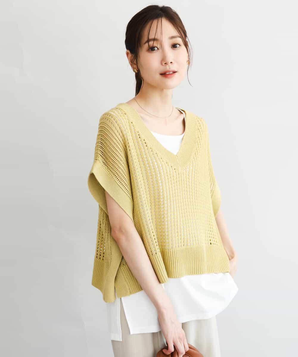 F1FGD50160 MK MICHEL KLEIN(小さいサイズ)(メゾン ドゥ サンク) 【小さいサイズ】[洗濯機で洗える]メッシュ編みニットベスト×タンクトップ ツインセット イエロー