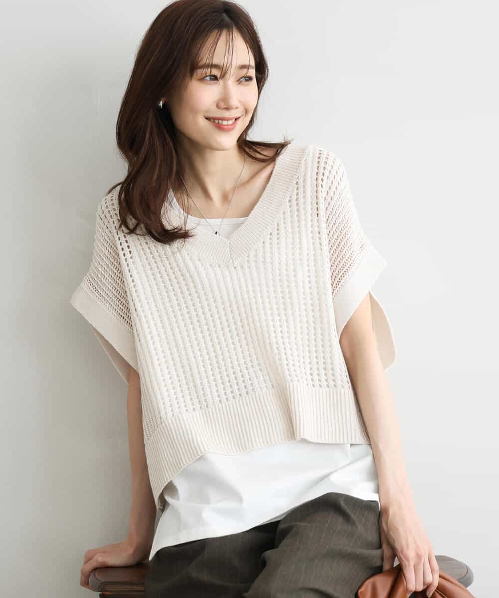 F1FGD50160 MK MICHEL KLEIN(小さいサイズ)(メゾン ドゥ サンク) 【小さいサイズ】[洗濯機で洗える]メッシュ編みニットベスト×タンクトップ ツインセット ベージュ