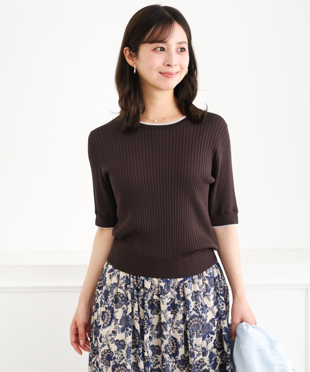 F1FGD53120 MK MICHEL KLEIN(小さいサイズ)(メゾン ドゥ サンク) 【小さいサイズ】[UVカット/洗える]ワイドリブ配色デザインニット ブラウン