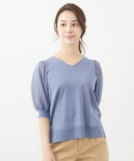 F1FGV46120 MK MICHEL KLEIN(小さいサイズ)(メゾン ドゥ サンク) 【小さいサイズ】シアーパフスリーブVネックニット/洗える ブルー