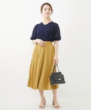 F1FGV46120 MK MICHEL KLEIN(小さいサイズ)(メゾン ドゥ サンク) 【小さいサイズ】シアーパフスリーブVネックニット/洗える ブルー