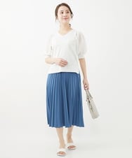 F1FGV46120 MK MICHEL KLEIN(小さいサイズ)(メゾン ドゥ サンク) 【小さいサイズ】シアーパフスリーブVネックニット/洗える ブルー