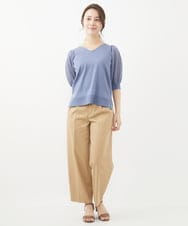 F1FGV46120 MK MICHEL KLEIN(小さいサイズ)(メゾン ドゥ サンク) 【小さいサイズ】シアーパフスリーブVネックニット/洗える ブルー