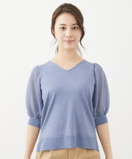 F1FGV46120 MK MICHEL KLEIN(小さいサイズ)(メゾン ドゥ サンク) 【小さいサイズ】シアーパフスリーブVネックニット/洗える ブルー