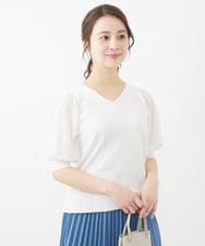 F1FGV46120 MK MICHEL KLEIN(小さいサイズ)(メゾン ドゥ サンク) 【小さいサイズ】シアーパフスリーブVネックニット/洗える ホワイト