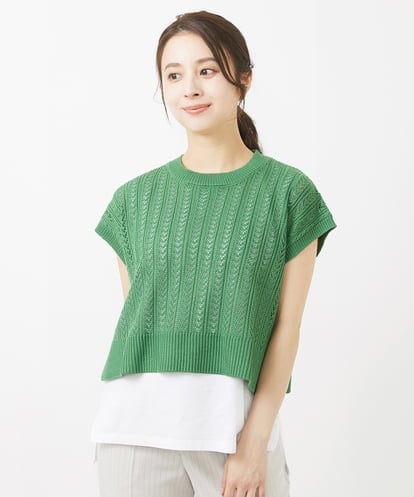 Maison de CINQ(メゾン ドゥ サンク) 【小さいサイズ】レーシー編みニット×ノースリーブカットソー レイヤード2点セット/接触冷感/洗える グリーン/緑 36