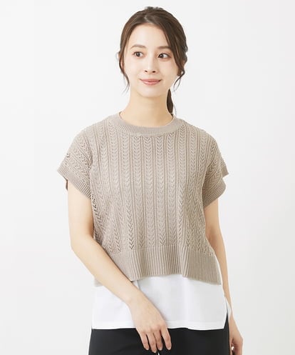 Maison de CINQ(メゾン ドゥ サンク) 【小さいサイズ】レーシー編みニット×ノースリーブカットソー レイヤード2点セット/接触冷感/洗える ベージュ 36