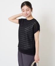F1FHA56150 MK MICHEL KLEIN(小さいサイズ)(メゾン ドゥ サンク) 【小さいサイズ】ボーダー透かし編みニット×タンクトップ/洗える ベージュ
