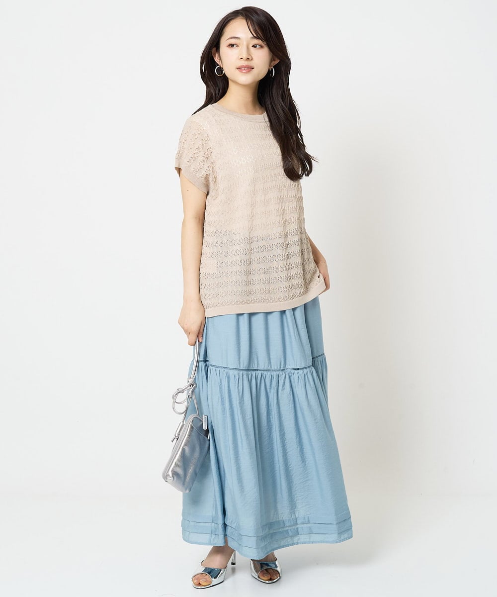 F1FHA56150 MK MICHEL KLEIN(小さいサイズ)(メゾン ドゥ サンク) 【小さいサイズ】ボーダー透かし編みニット×タンクトップ/洗える ベージュ