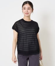 F1FHA56150 MK MICHEL KLEIN(小さいサイズ)(メゾン ドゥ サンク) 【小さいサイズ】ボーダー透かし編みニット×タンクトップ/洗える ベージュ