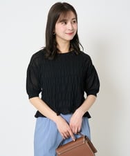 F1FHA61110 MK MICHEL KLEIN(小さいサイズ)(メゾン ドゥ サンク) 【小さいサイズ】シャーリングボーダー五分袖ニット/洗える ブルー