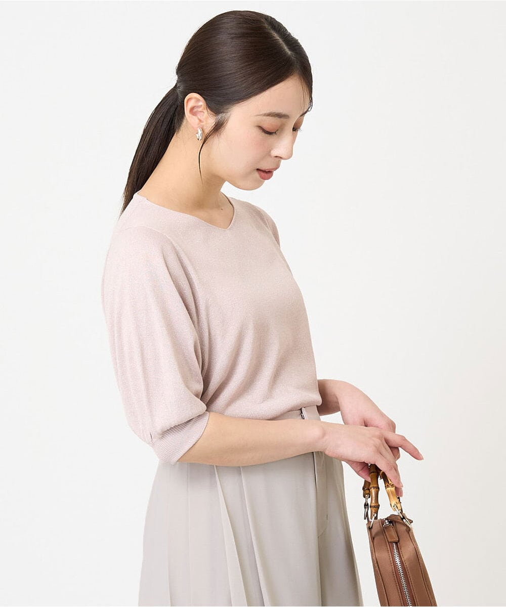 F1FHV63120 MK MICHEL KLEIN(小さいサイズ)(メゾン ドゥ サンク) 【小さいサイズ】ボリュームスリーブVネックラメニット/洗える ピンク