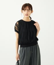 F1FJA26120 MK MICHEL KLEIN(小さいサイズ)(メゾン ドゥ サンク) 【小さいサイズ】チュールテープデザインフレンチスリーブニット/洗える ホワイト