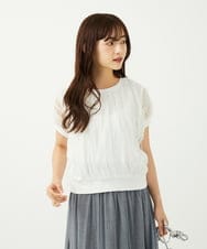 F1FJA26120 MK MICHEL KLEIN(小さいサイズ)(メゾン ドゥ サンク) 【小さいサイズ】チュールテープデザインフレンチスリーブニット/洗える ホワイト