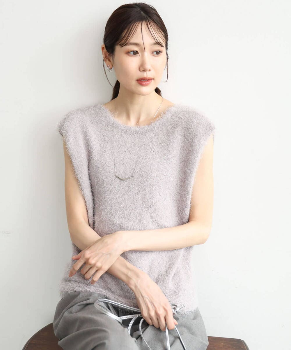 F1FJD22120 MK MICHEL KLEIN(小さいサイズ)(メゾン ドゥ サンク) 【小さいサイズ】[洗える]前後2wayシャギーニットジレ ピンクグレージュ