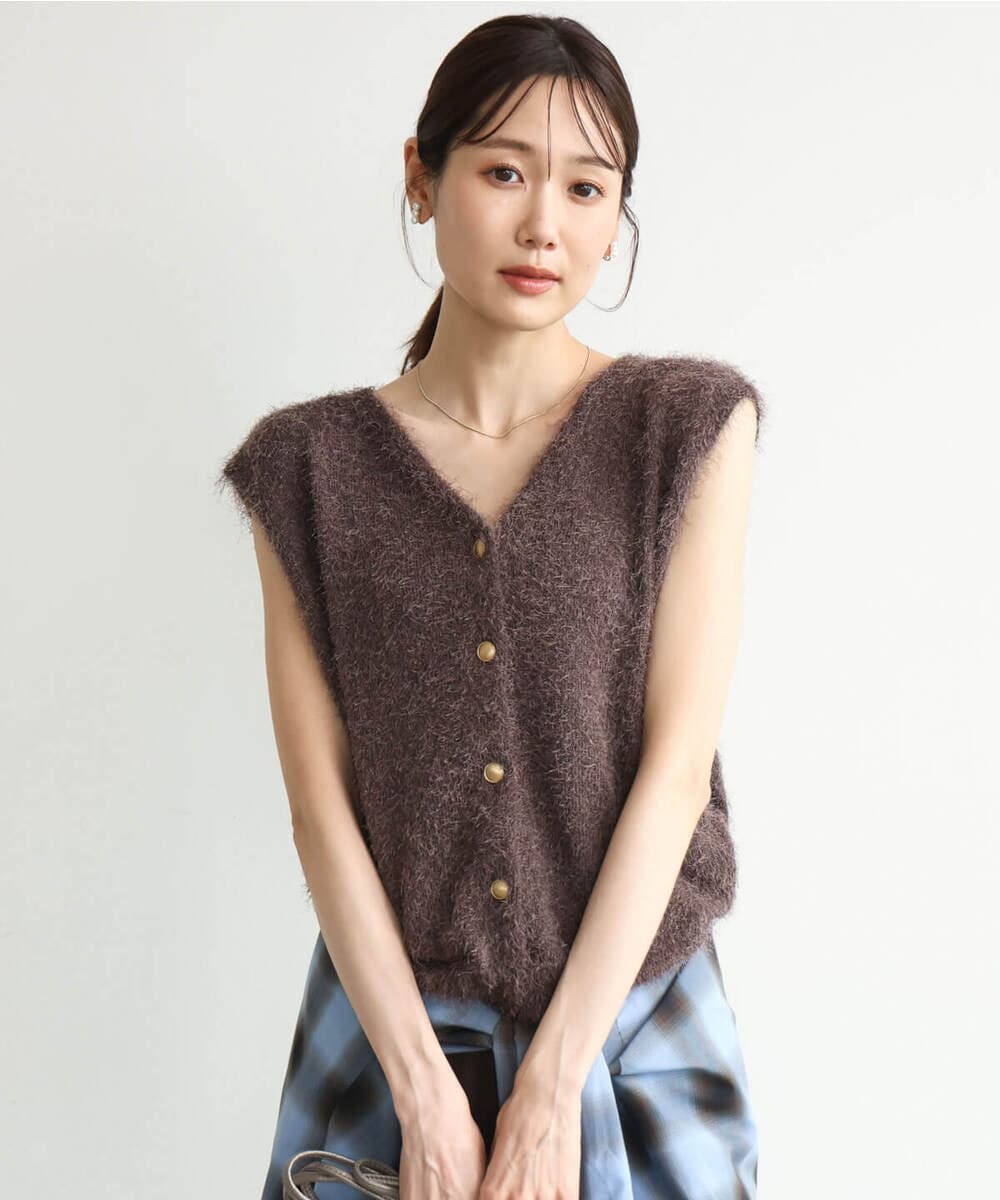 F1FJD22120 MK MICHEL KLEIN(小さいサイズ)(メゾン ドゥ サンク) 【小さいサイズ】[洗える]前後2wayシャギーニットジレ ブラウン