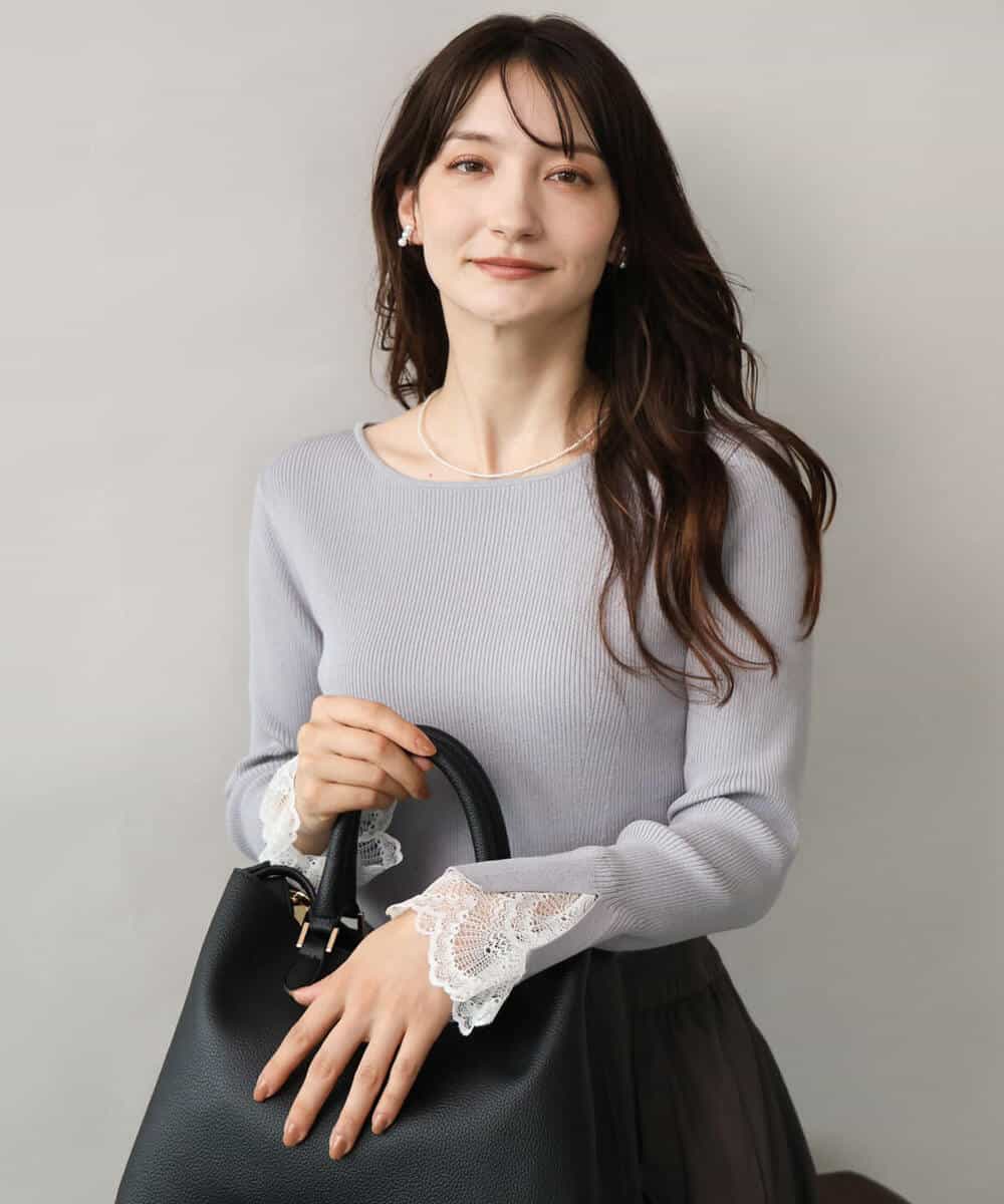 F1FJD31130 MK MICHEL KLEIN(小さいサイズ)(メゾン ドゥ サンク) 【小さいサイズ】[洗える]袖レースデザインリブニット グレー