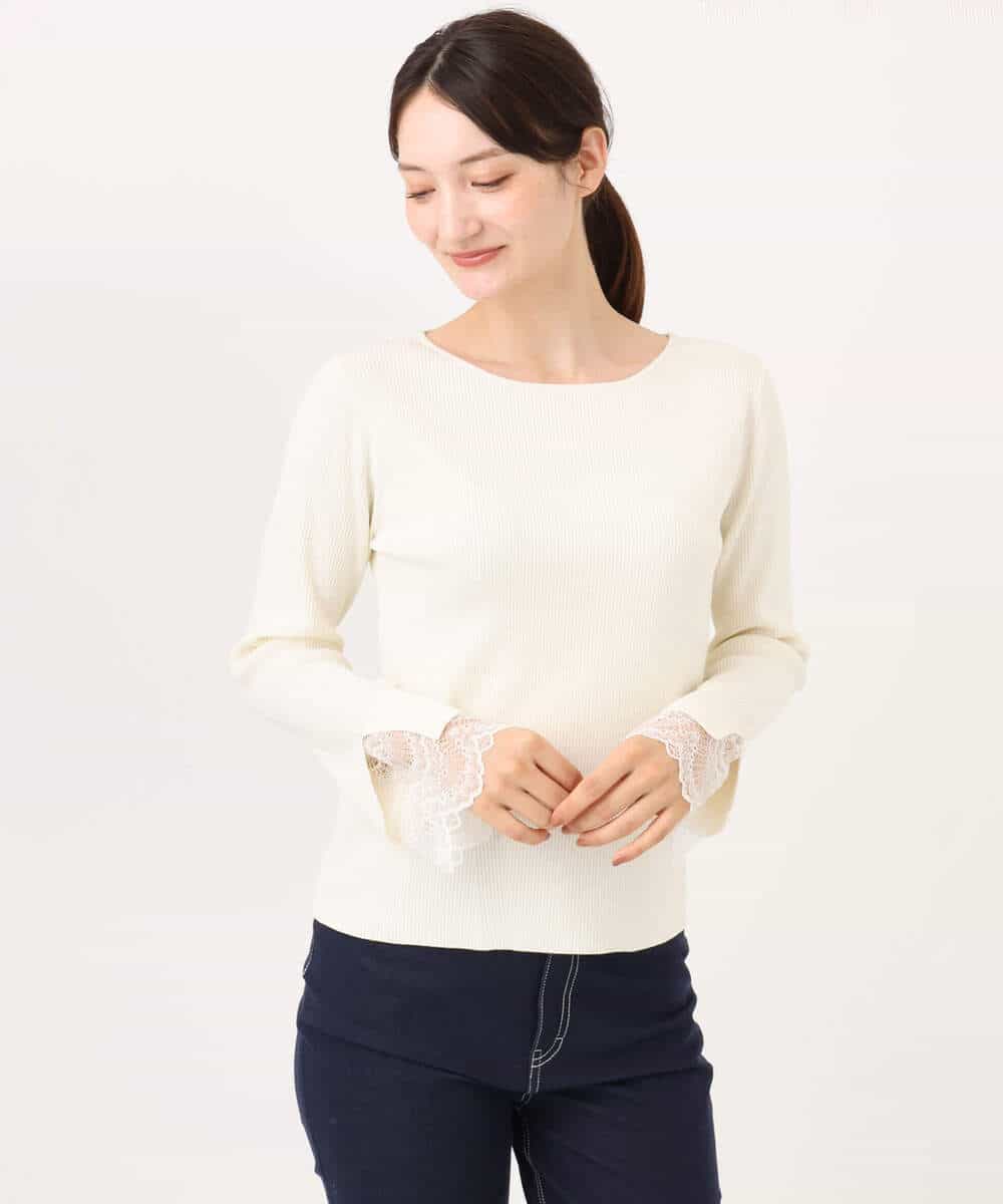 F1FJD31130 MK MICHEL KLEIN(小さいサイズ)(メゾン ドゥ サンク) 【小さいサイズ】[洗える]袖レースデザインリブニット グレー