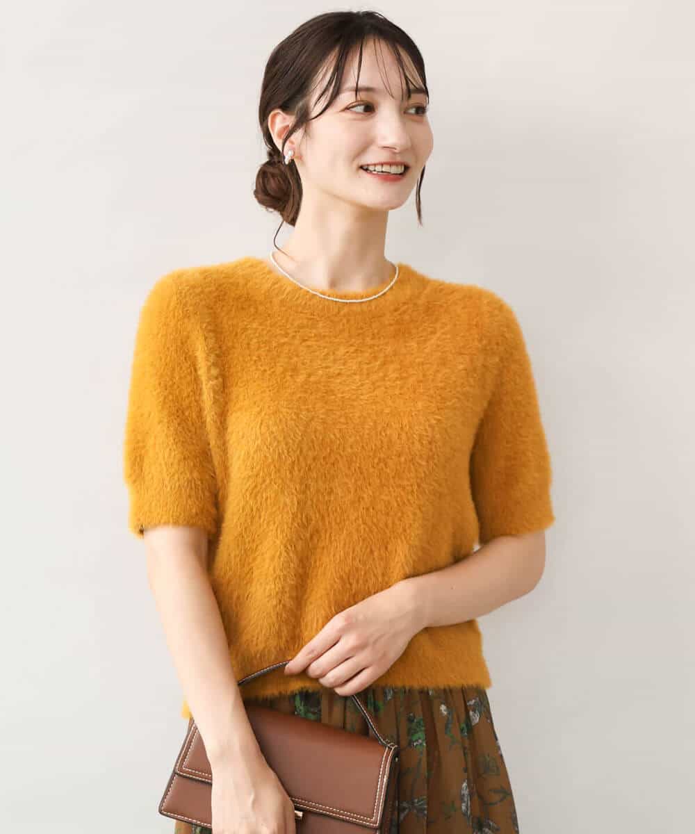 F1FJD32130 MK MICHEL KLEIN(小さいサイズ)(メゾン ドゥ サンク) 【小さいサイズ】[洗える]半袖シャギーニット マスタード