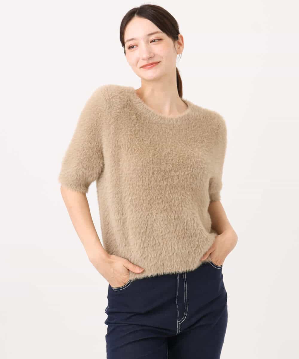 F1FJD32130 MK MICHEL KLEIN(小さいサイズ)(メゾン ドゥ サンク) 【小さいサイズ】[洗える]半袖シャギーニット マスタード