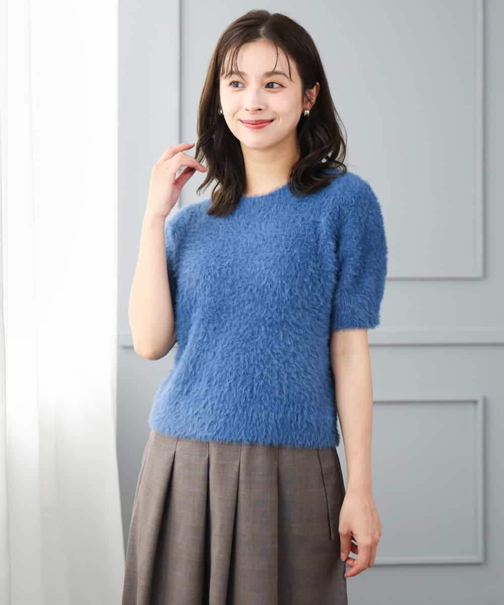 F1FJD32130 MK MICHEL KLEIN(小さいサイズ)(メゾン ドゥ サンク) 【小さいサイズ】[洗える]半袖シャギーニット ブルー