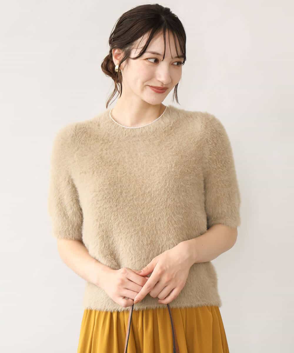 F1FJD32130 MK MICHEL KLEIN(小さいサイズ)(メゾン ドゥ サンク) 【小さいサイズ】[洗える]半袖シャギーニット ベージュ