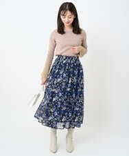 F1HAD01140 MK MICHEL KLEIN(小さいサイズ)(メゾン ドゥ サンク) 【小さいサイズ】クラシックフラワープリント シフォンスカート/丈の長さが選べる/洗濯機で洗える/セットアップ対応 ネイビー