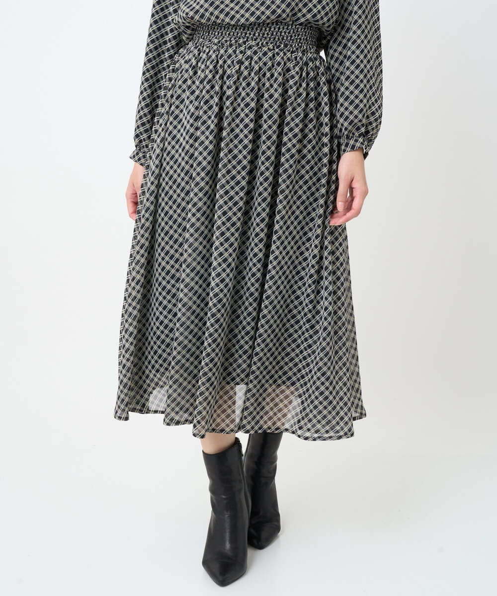 F1HAD04140 MK MICHEL KLEIN(小さいサイズ)(メゾン ドゥ サンク) 【小さいサイズ】チェック柄シフォンスカート/洗濯機で洗える ブラック