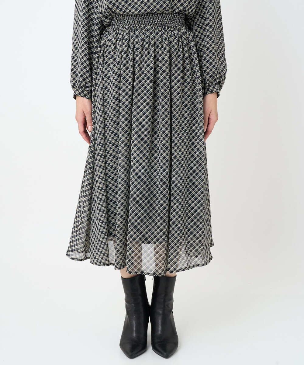 F1HAD04140 MK MICHEL KLEIN(小さいサイズ)(メゾン ドゥ サンク) 【小さいサイズ】チェック柄シフォンスカート/洗濯機で洗える ブラック