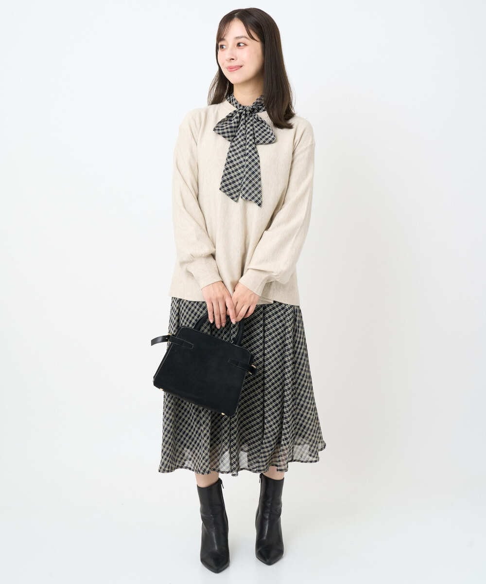 F1HAD04140 MK MICHEL KLEIN(小さいサイズ)(メゾン ドゥ サンク) 【小さいサイズ】チェック柄シフォンスカート/洗濯機で洗える ブラック