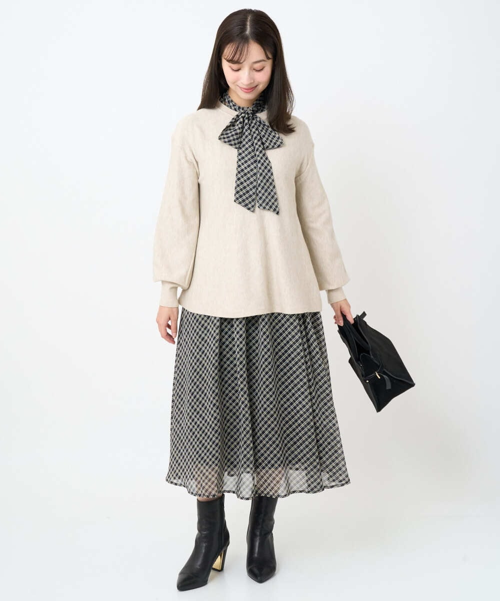 F1HAD04140 MK MICHEL KLEIN(小さいサイズ)(メゾン ドゥ サンク) 【小さいサイズ】チェック柄シフォンスカート/洗濯機で洗える ブラック