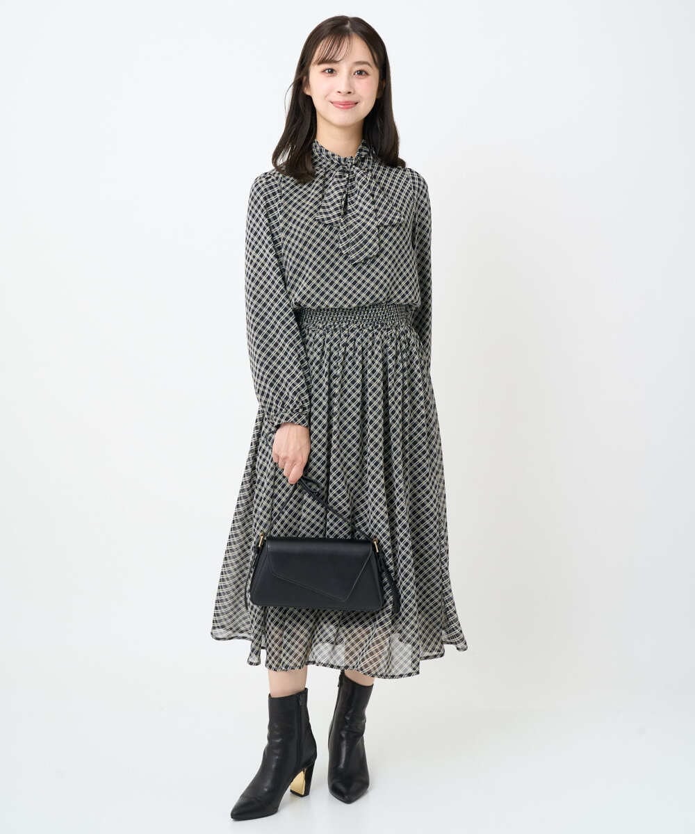 F1HAD04140 MK MICHEL KLEIN(小さいサイズ)(メゾン ドゥ サンク) 【小さいサイズ】チェック柄シフォンスカート/洗濯機で洗える ブラック