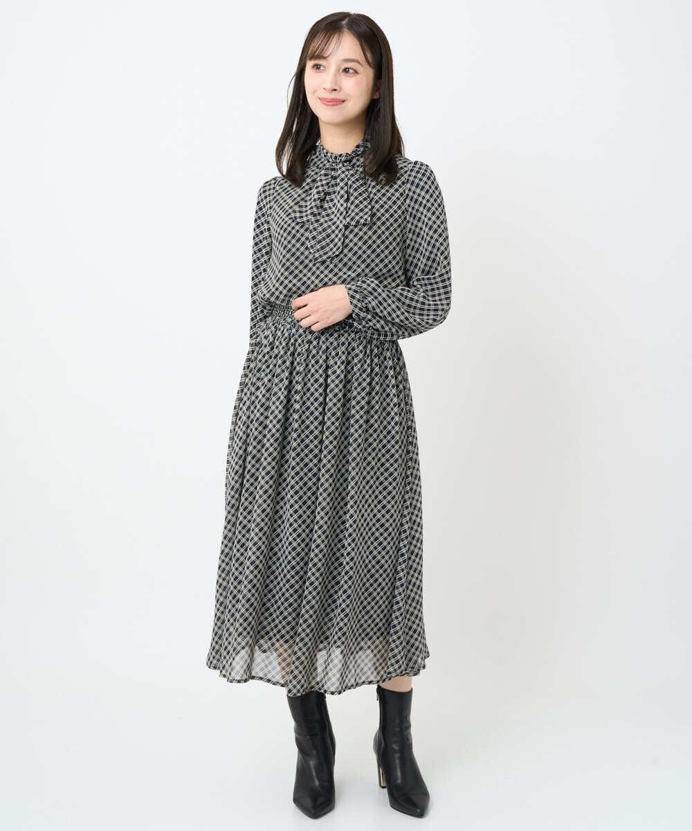 F1HAD04140 MK MICHEL KLEIN(小さいサイズ)(メゾン ドゥ サンク) 【小さいサイズ】チェック柄シフォンスカート/洗濯機で洗える ブラック