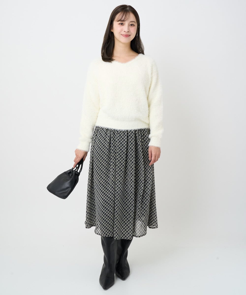 F1HAD04140 MK MICHEL KLEIN(小さいサイズ)(メゾン ドゥ サンク) 【小さいサイズ】チェック柄シフォンスカート/洗濯機で洗える ブラック