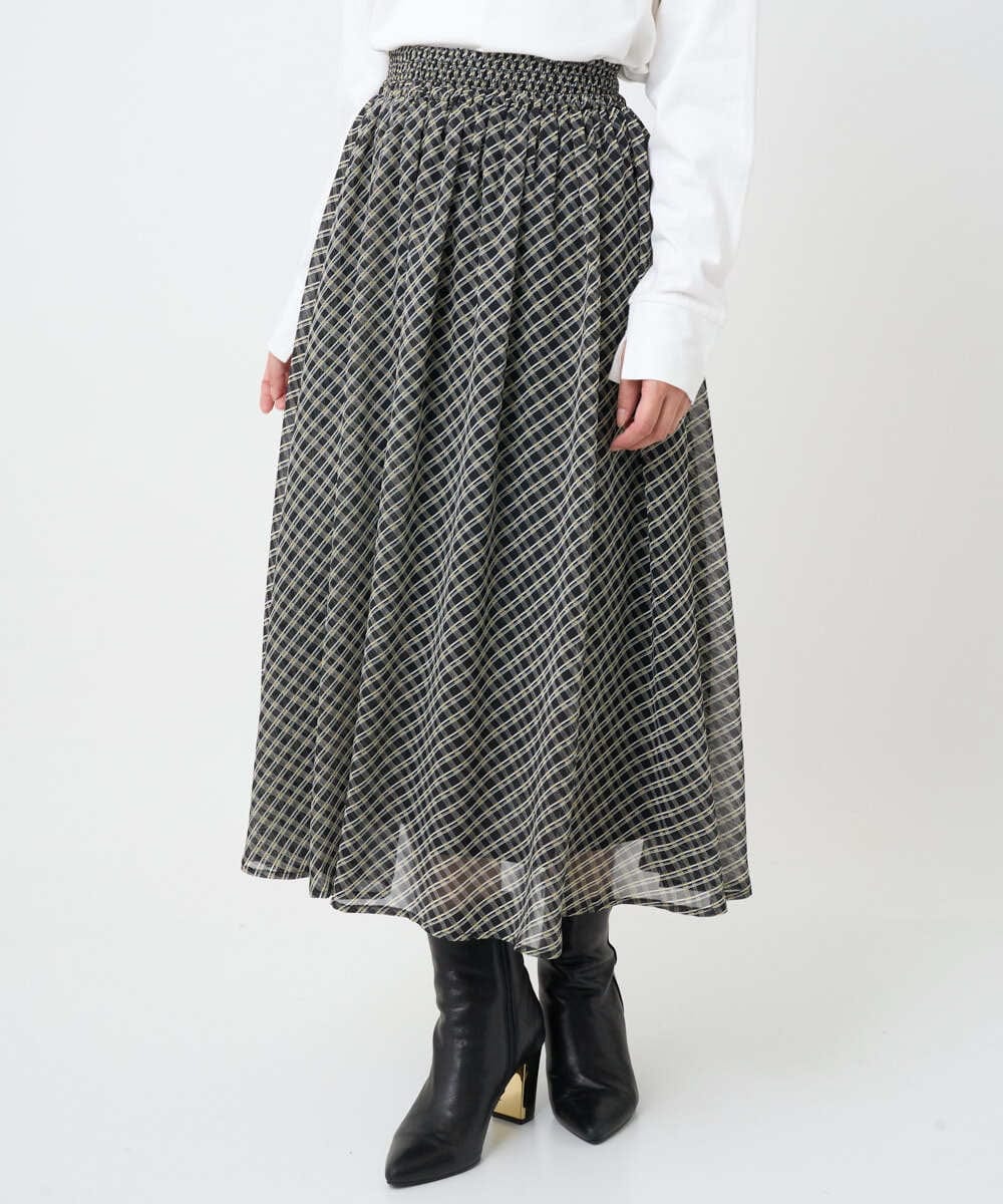 F1HAD04140 MK MICHEL KLEIN(小さいサイズ)(メゾン ドゥ サンク) 【小さいサイズ】チェック柄シフォンスカート/洗濯機で洗える ブラック